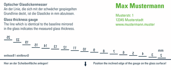 Medidor óptico de espesores de vidrio con logotipo del cliente bicolor
